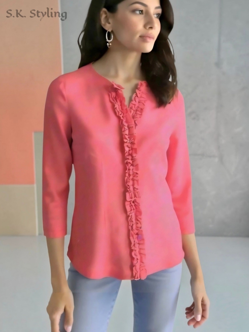Marina Luna Ruffled Placket Hidden Button-up Top Coral/Pink 100% Linen Medium